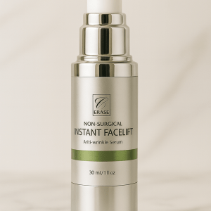 "Erase Cosmetics Instant Facelift Serum bottle standing upright on a soft neutral background with subtle plant shadow."