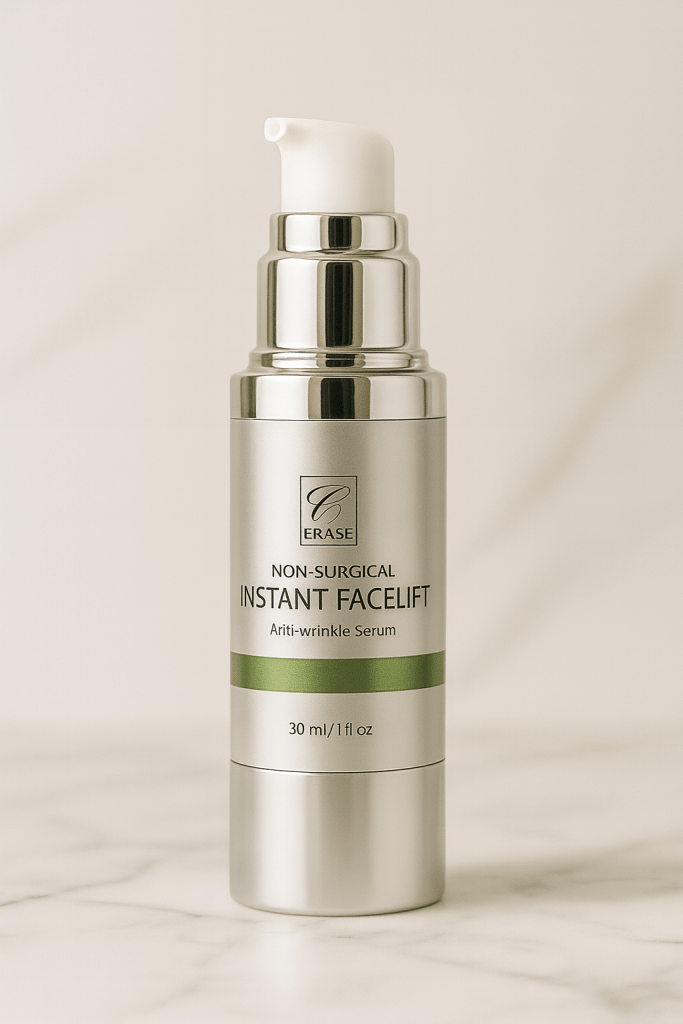 "Erase Cosmetics Instant Facelift Serum bottle standing upright on a soft neutral background with subtle plant shadow."